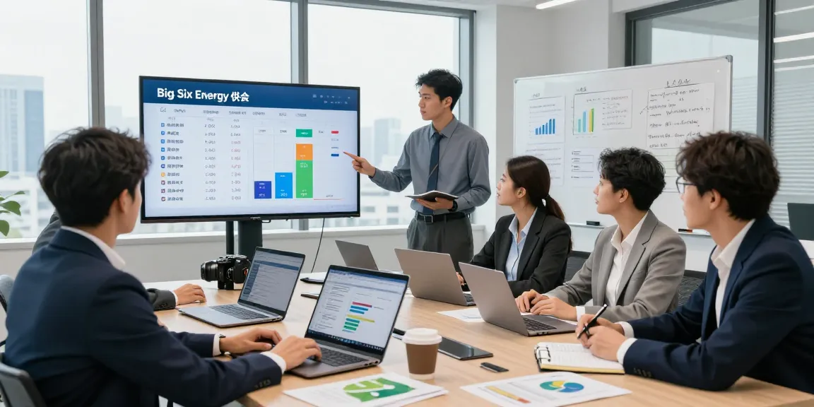 Business professionals comparing big six energy suppliers in a modern office setting