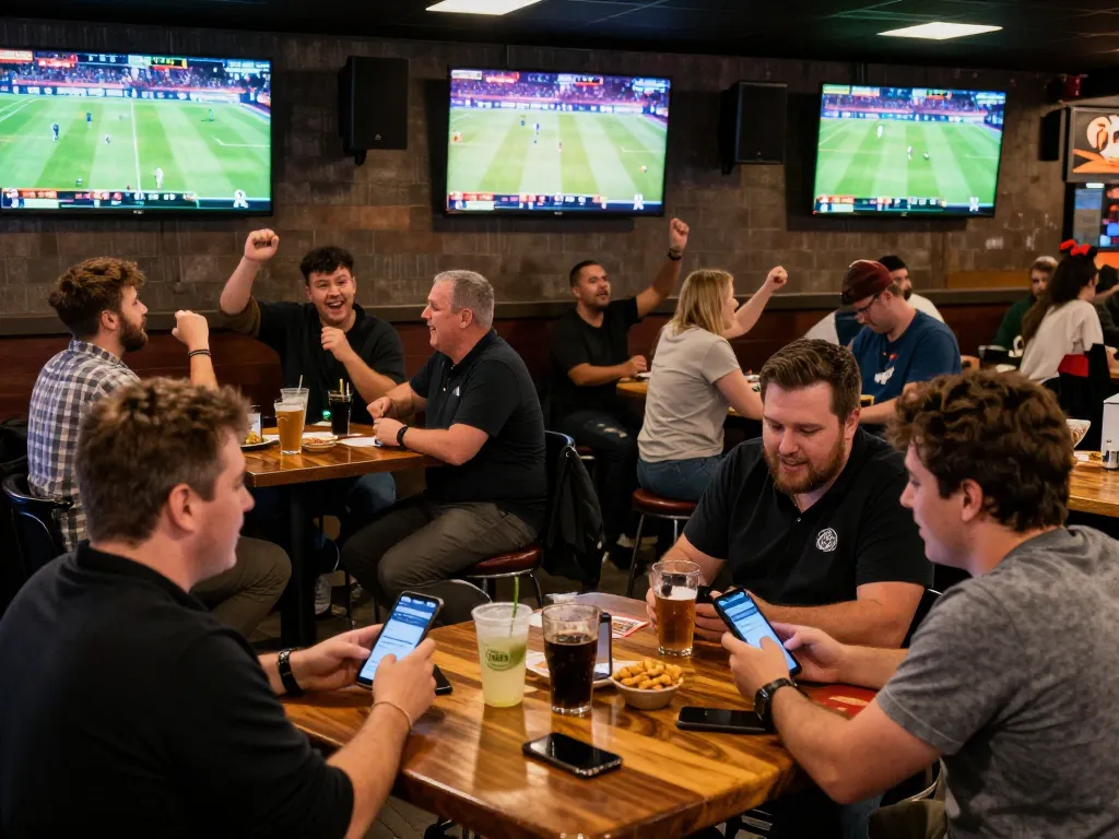 Betting on live sports with CM88 app in a lively sports bar, friends cheering