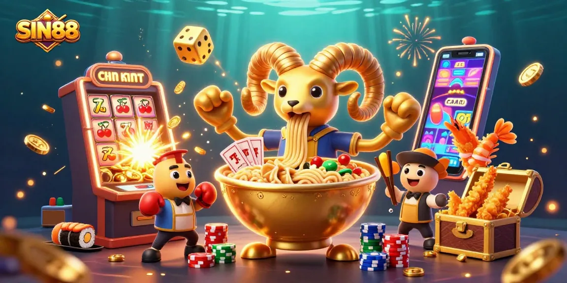 SIN88 showcases a vibrant casino scene with cartoon characters celebrating big wins and jackpots.