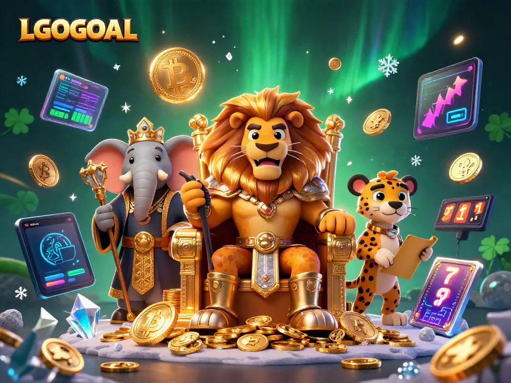 Engage with LGOGOAL's vibrant gaming scene featuring a majestic lion king and dynamic casino elements.