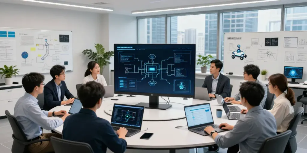 Diverse team collaborating on Enterprise AI in a modern lab setting with data visualizations.