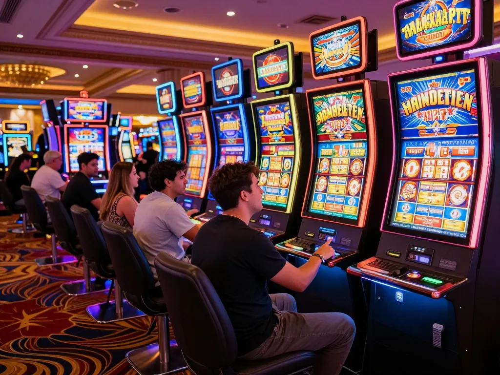 Players enjoying vibrant slot machines at vegasslot77 casino, highlighting excitement and wins.