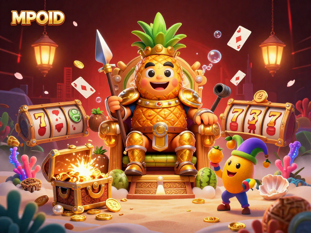 MPOID slot experience with golden pineapple king, colorful gems, and lively casino elements.