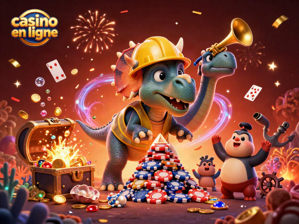 Jouez au casino en ligne avec un triceratops et un parasaurolophus dans une scène festive.