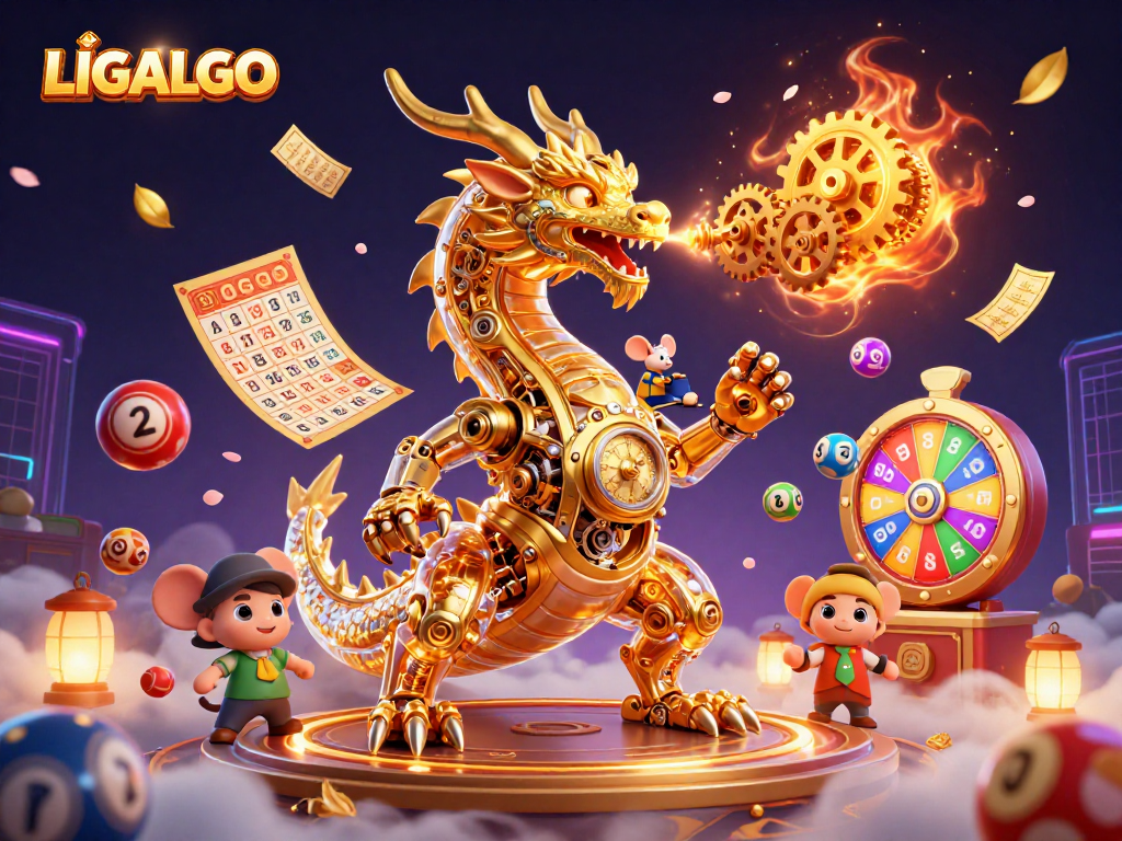 Engage with LIGALGO's thrilling gaming scene featuring dynamic lottery elements and a golden dragon.