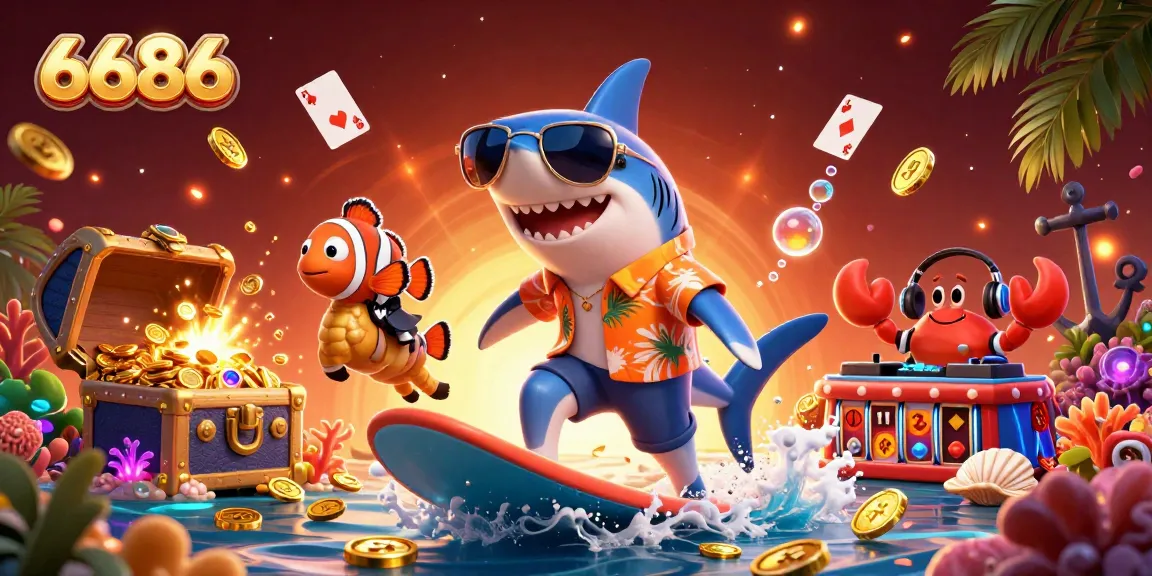 Experience the thrill of 6686 as a hammer-head shark surfs on gold coins amid dynamic casino elements.