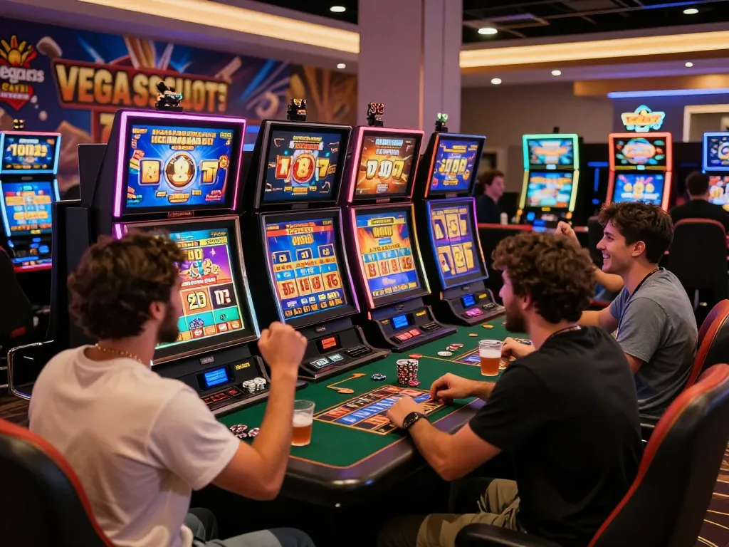 Engaging group playing exciting slot games online at vegasslot77.com, showcasing vibrant graphics and a lively atmosphere.