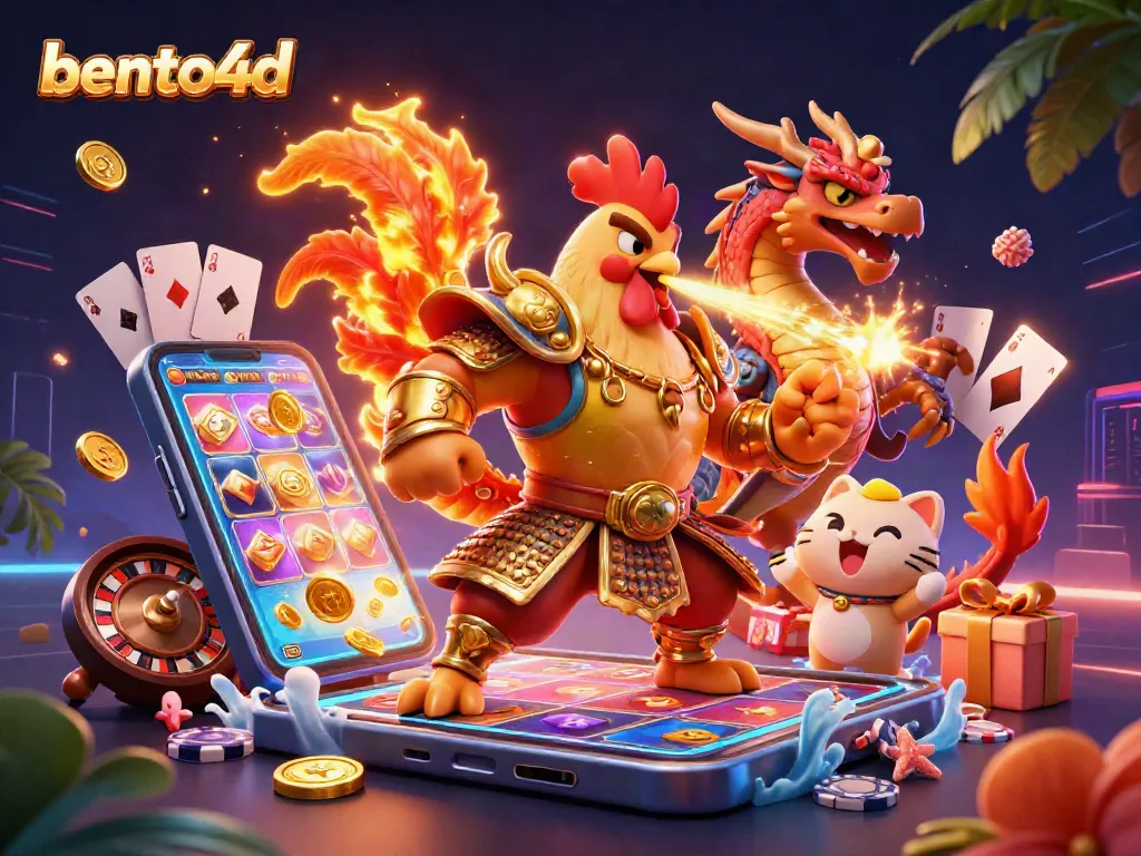 Bento4d gamifies the experience with a captivating scene featuring a rooster warrior and dragon hatchling among vibrant casino elements.