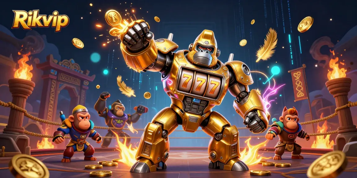 Experience excitement with Rikvip's golden gorilla mech in a dynamic casino setting.