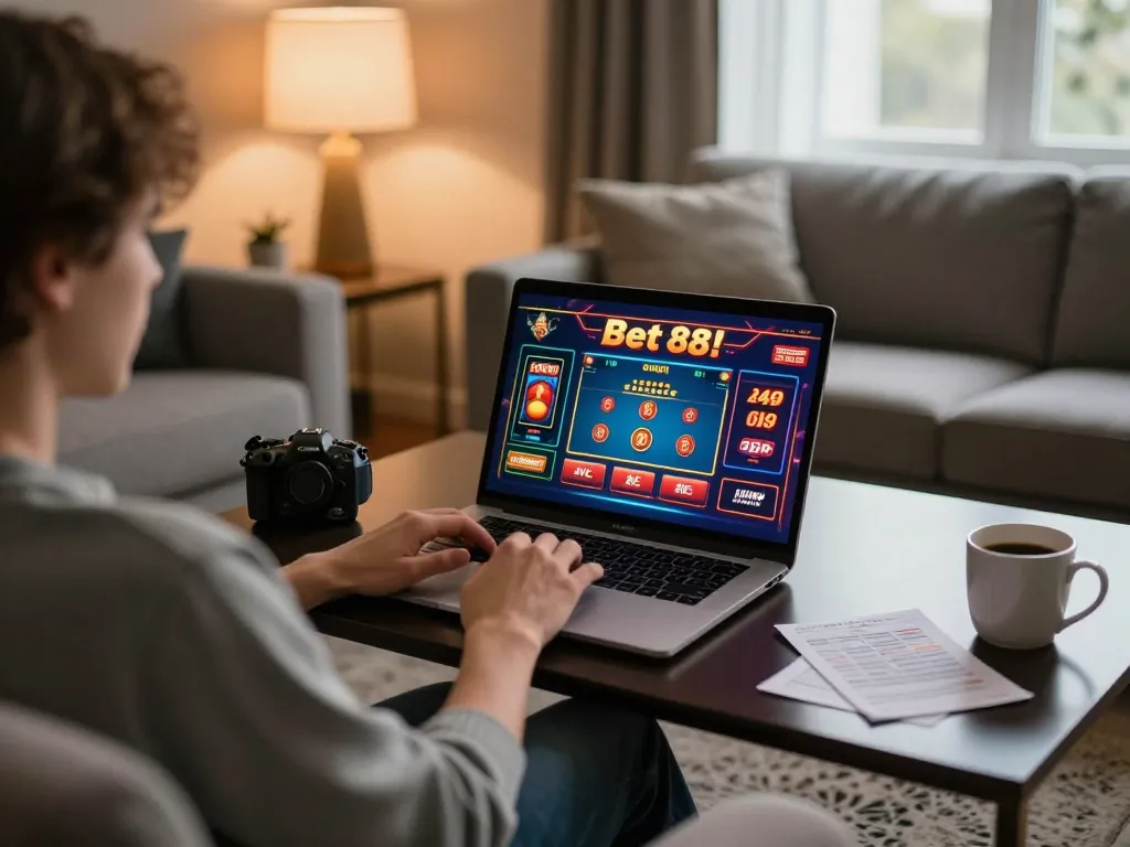 Person playing casino games on laptop at home, immersing in Bet 88's thrilling atmosphere.