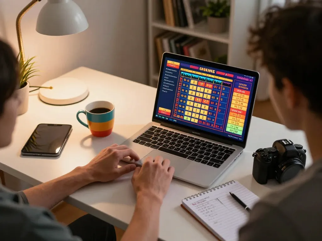 Engaged gamer analyzing lô đề online betting strategies on a laptop at home.