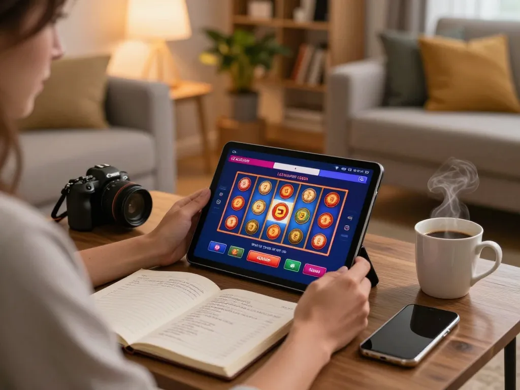 Engaging LGOSUPER LOGIN session on a tablet in cozy home setting, showcasing vibrant slot gameplay.