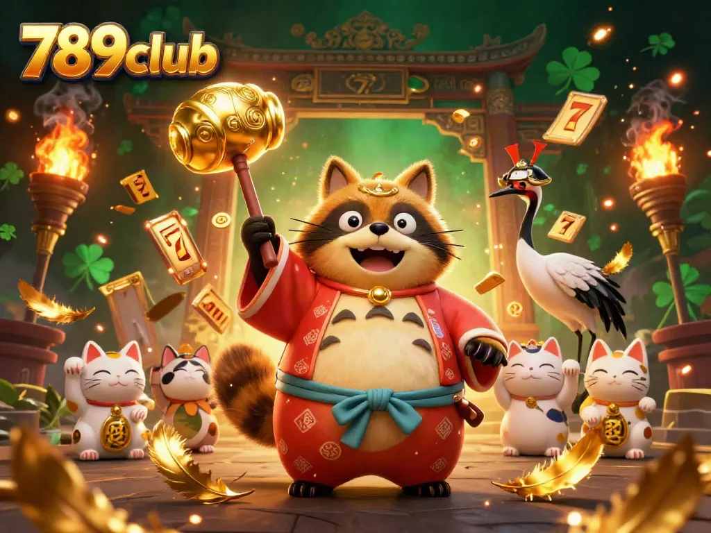 Experience thrilling gameplay at 789club with lucky tanuki, cranes, and vibrant casino elements.