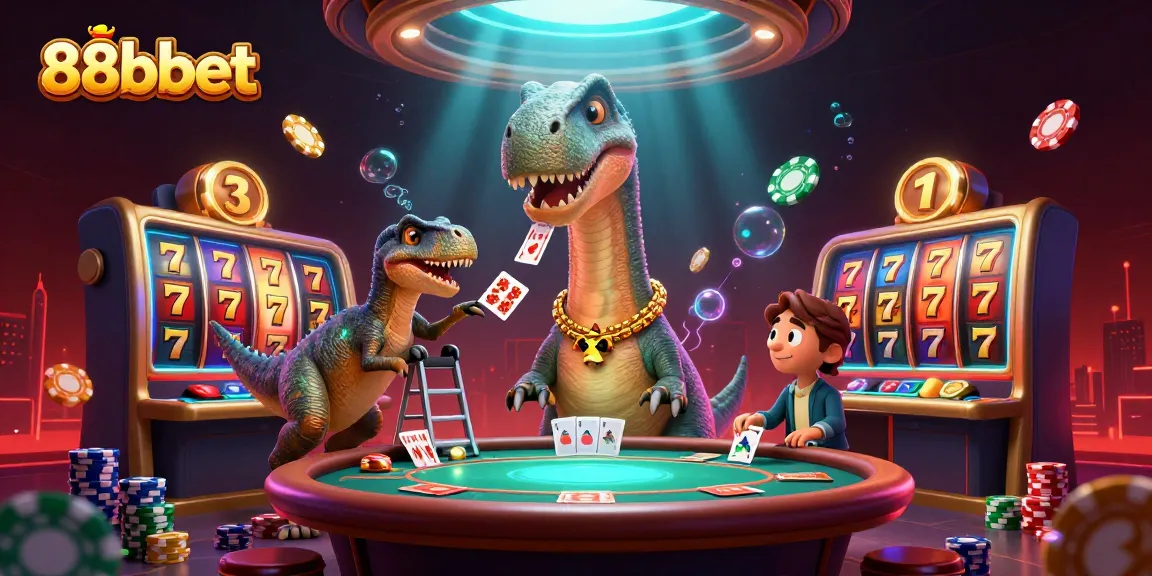 Engage in thrilling gameplay at 88bbet, featuring animated brontosaurus and raptor in vibrant casino scene.