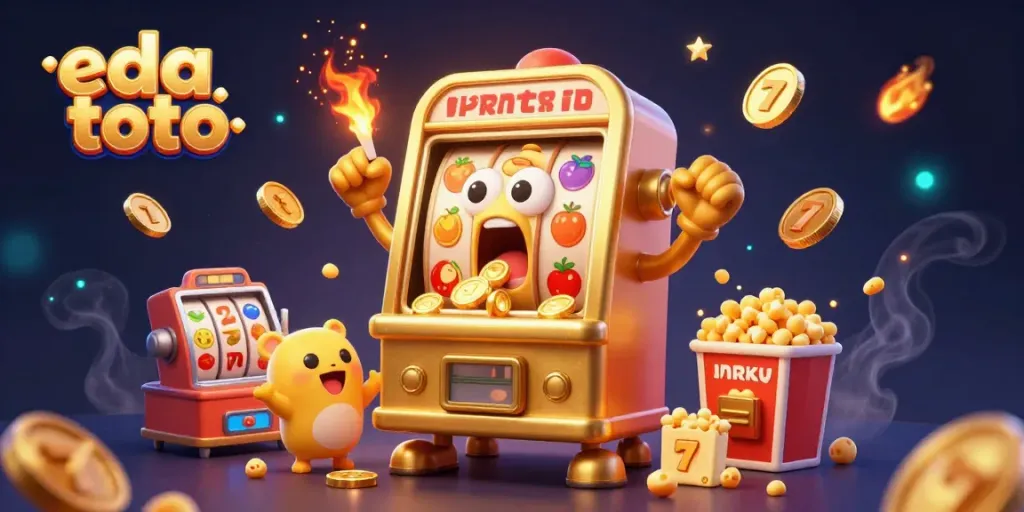 Engage with eda toto as a golden slot machine hits a jackpot with coins pouring out, creating an exhilarating casino atmosphere.