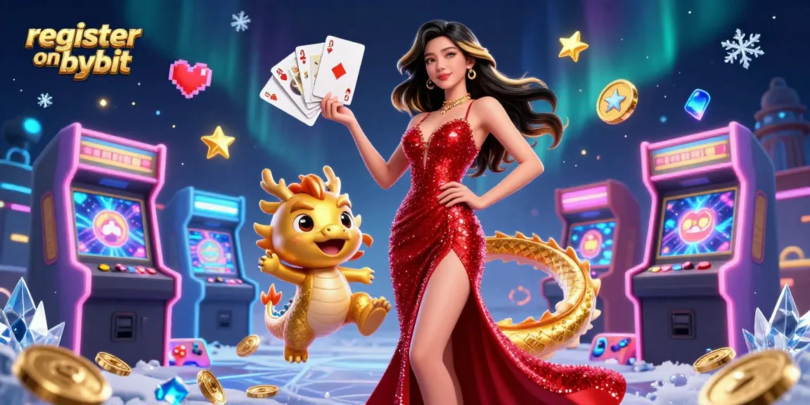 Engage in vibrant crypto gaming by registering on Bybit, featuring icons, a confident woman, and a joyful dragon.