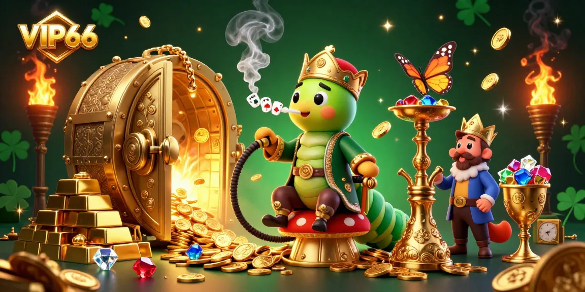 Engage in VIP66's vibrant casino world with a hookah-master caterpillar amid gold treasures.