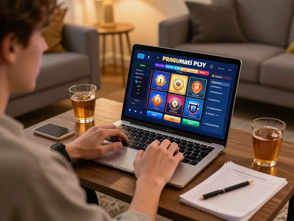 Player enjoying Pragmati Play slots on laptop in a cozy home setting with notes for strategy