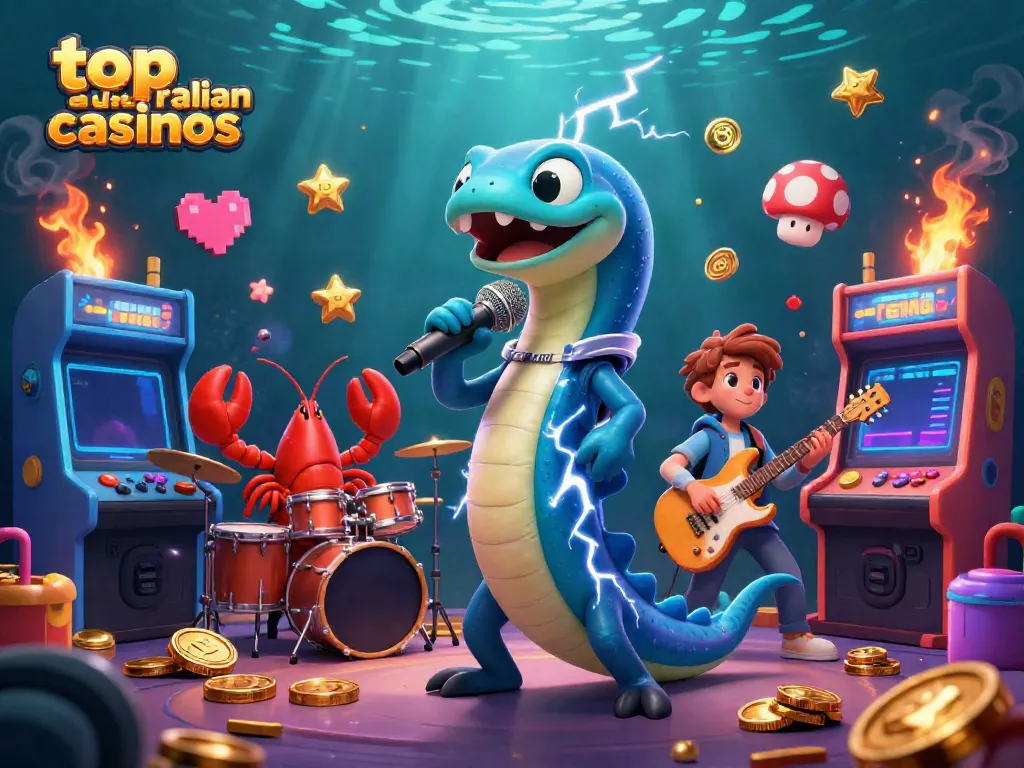 Experience the excitement of top Australian casinos with a vibrant underwater DJ band illustration.