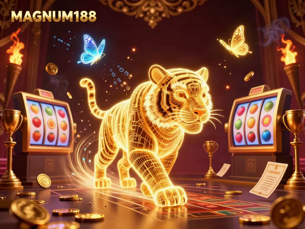 Experience the magic of MAGNUM188 with a neon tiger amid spinning slot reels and golden symbols.
