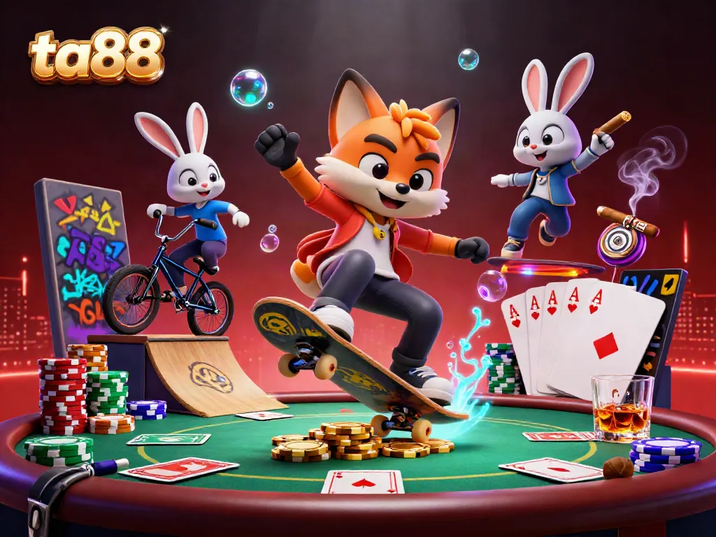 Experience thrilling action at ta88 as a cartoon fox performs a kickflip over golden poker chips.