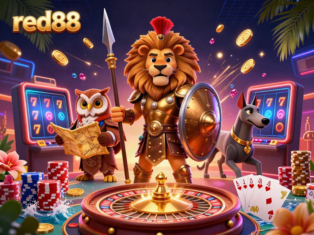 Win big at red88 with dynamic casino games and vibrant characters amidst sparkling jewels and gold coins.