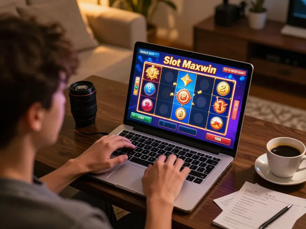 Engaging scene of a player exploring Slot Maxwin on their laptop, showcasing online gaming excitement.