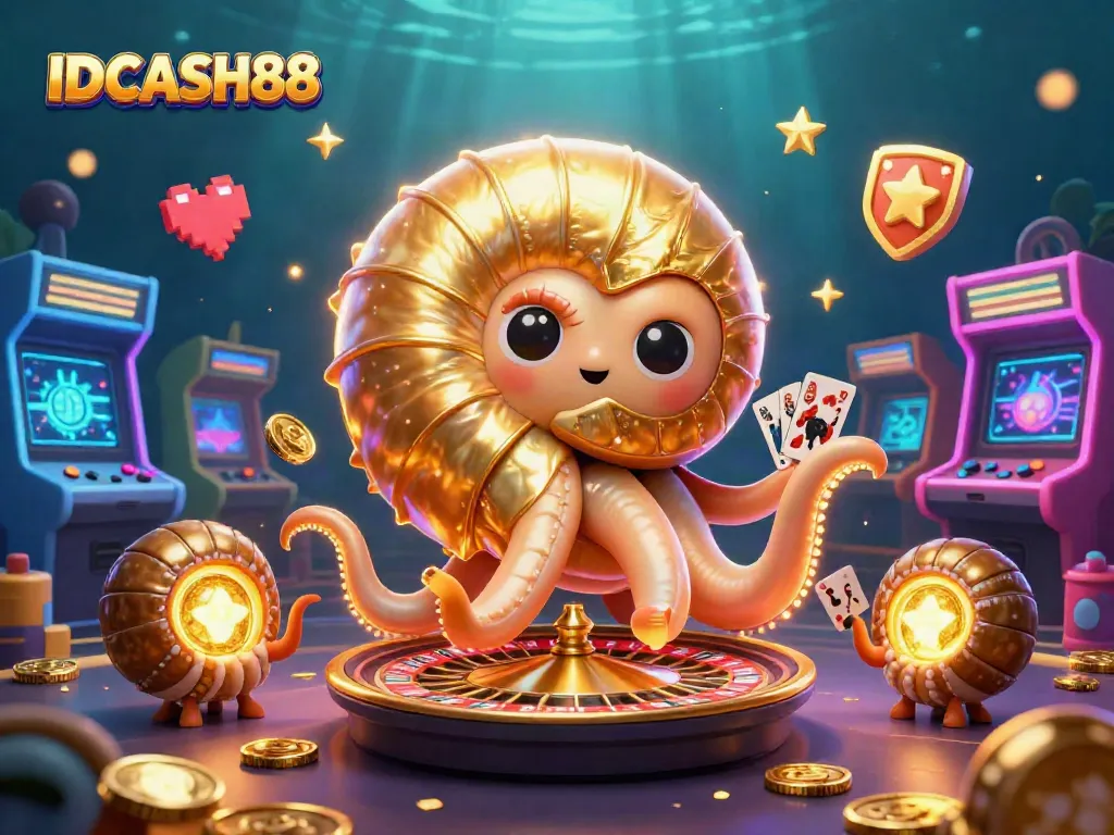 Experience the immersive gameplay of IDCASH88 with a glowing nautilus roulette wheel and arcade elements.