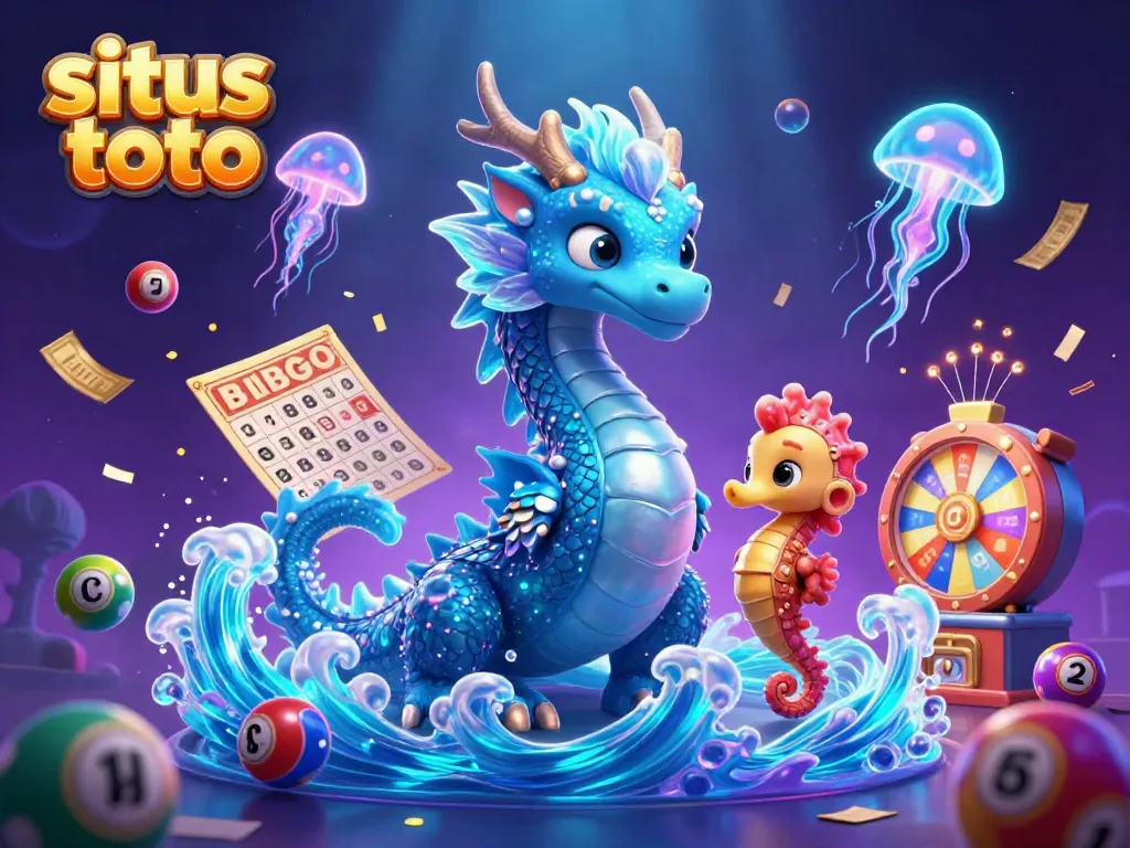 Engage with situs toto through an energetic underwater scene featuring a water dragon and lottery elements.