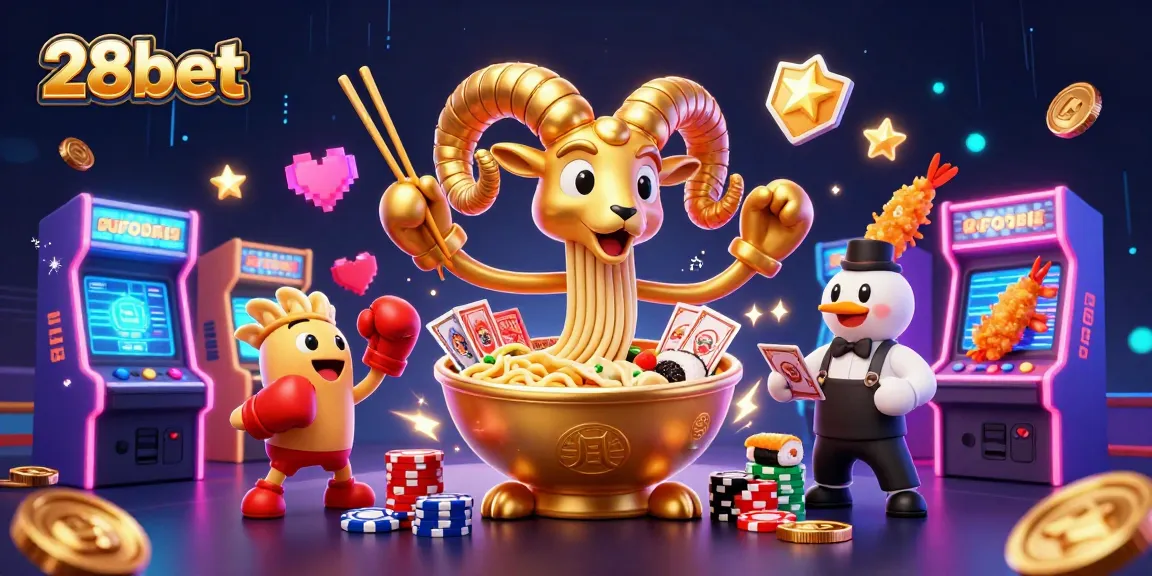 Engage with 28bet in a vibrant casino scene filled with gaming excitement and 3D characters.