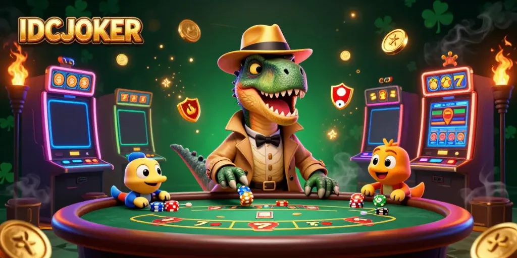 Experience the thrilling excitement of IDCJOKER with a velociraptor card counter and vibrant slot machines.