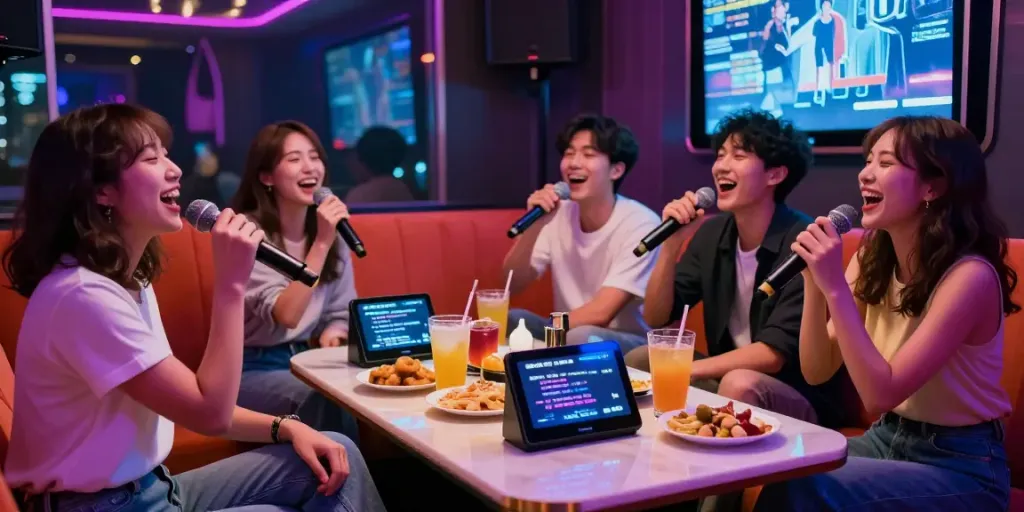 강남 달토 가라오케에서 즐겁게 노래하는 친구들, 밝은 조명과 아늑한 좌석이 있는 분위기.