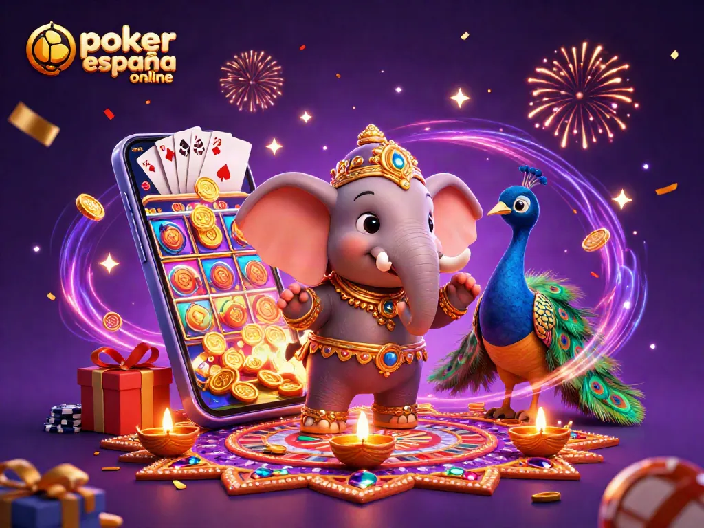 Juega al poker en línea en España en un vibrante entorno de casino con elementos coloridos.