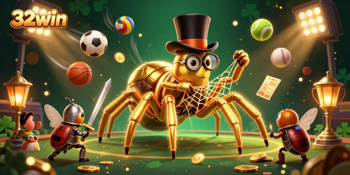 Engage with 32win's dynamic gaming scene featuring a golden tarantula and betting elements.