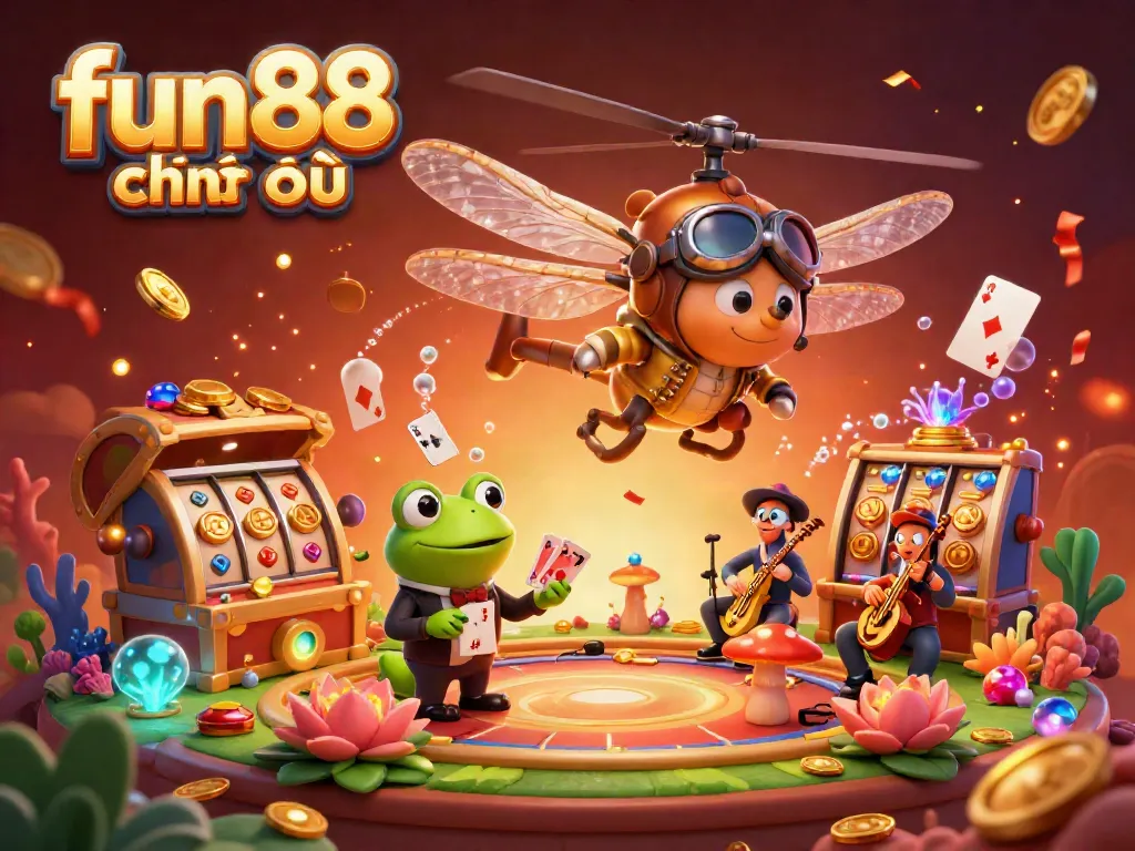 Experience the vibrant atmosphere of fun88 chính thức with a dragonfly pilot and frog dealer in a lively casino scene.