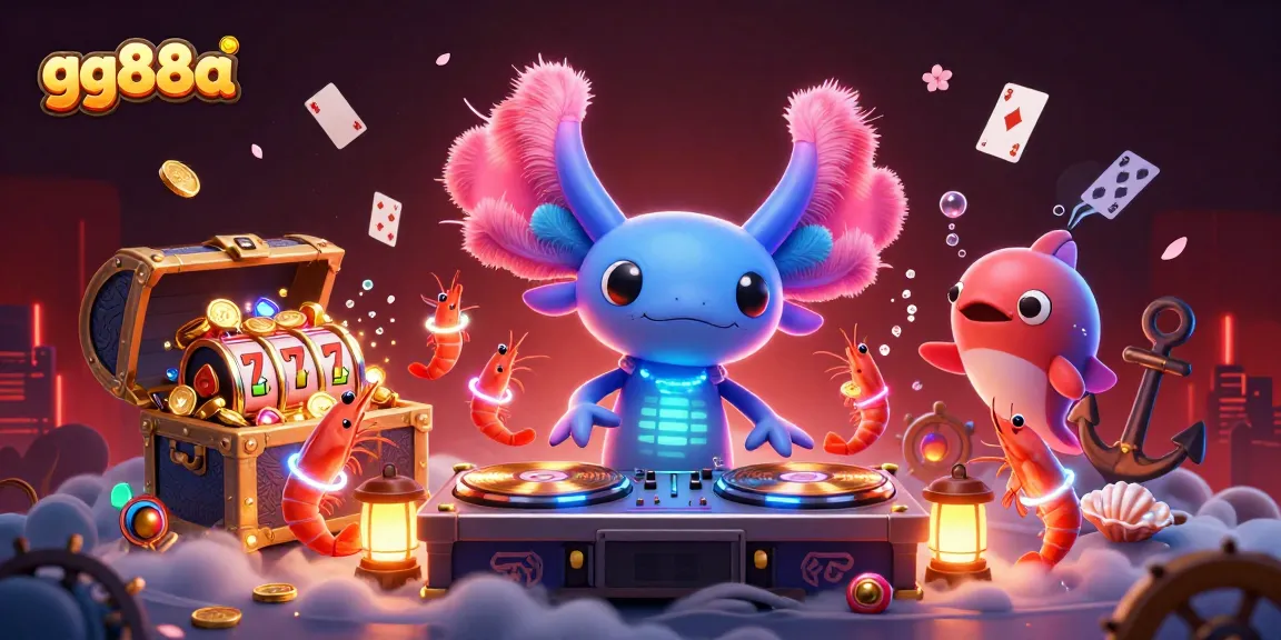 Experience the thrill of gg88a's vibrant casino world with a neon axolotl DJ and treasure-filled scenes.