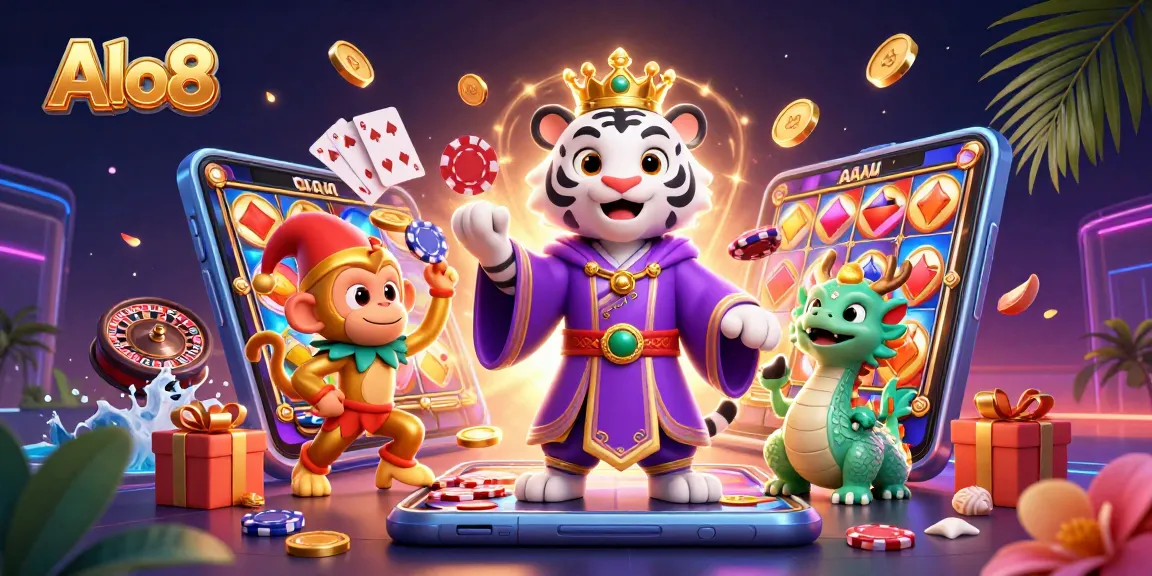 Alo8 offers a vibrant gaming experience with an energetic tiger, monkey, and dragon amidst immersive casino elements.