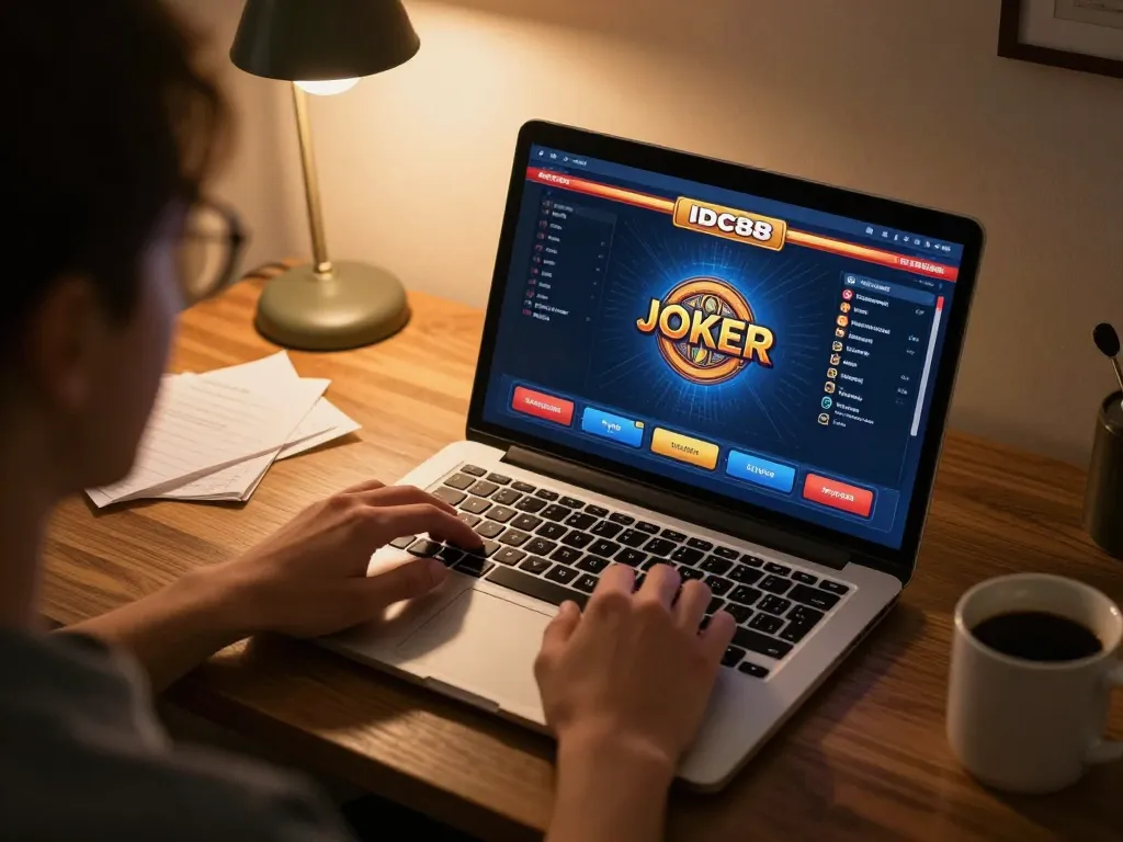 IDC88 JOKER player engaging in online slots from home, showcasing gaming interface and personal atmosphere