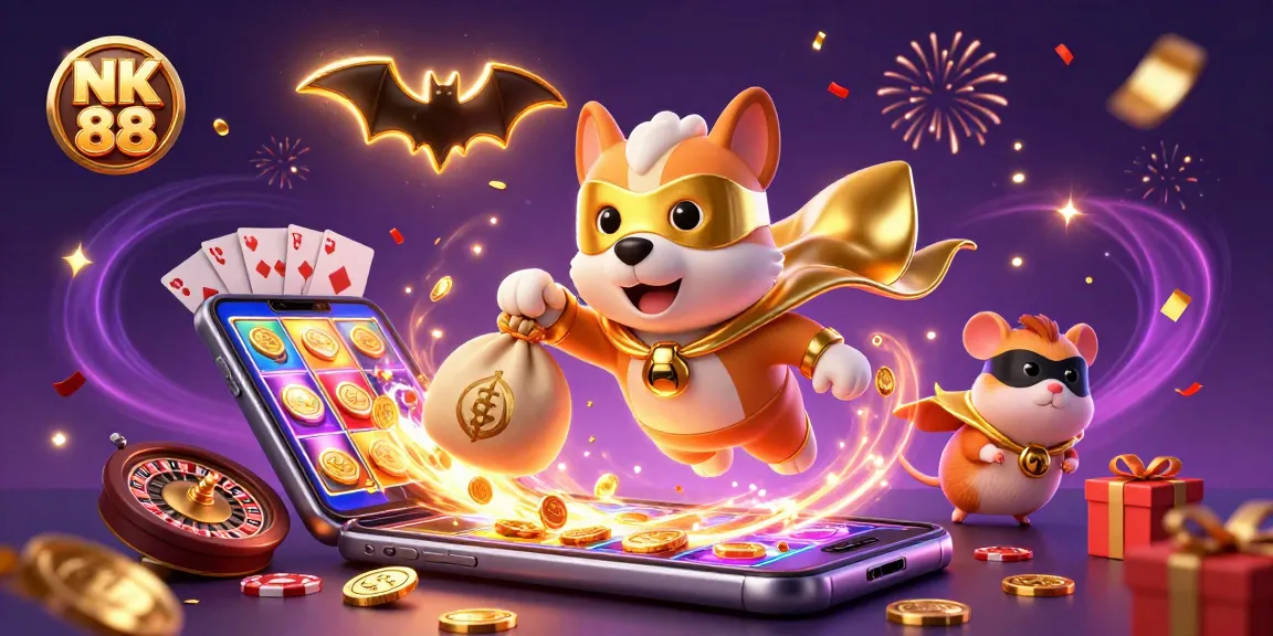 Experience NK 88 with a superhero dog flying through a vibrant casino scene filled with colorful games.