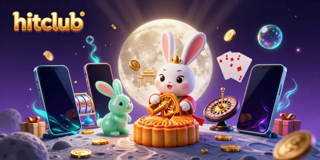 Hitclub's vibrant lunar scene showcasing a cartoon rabbit and jade companion amidst gaming elements and a casino-themed atmosphere.