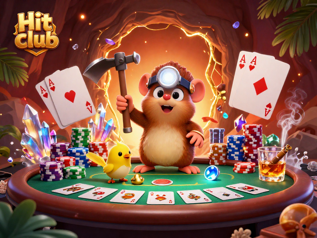 Hit club poker scene with a 3D treasure hunter mole mining gems and playing cards