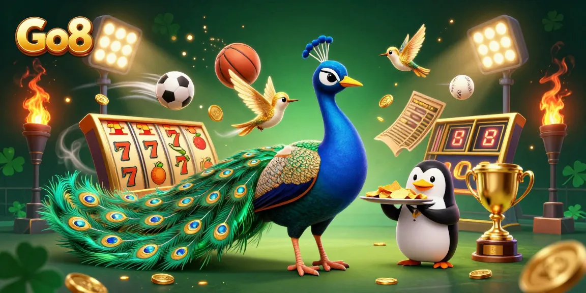 Go8 casino features opulent characters and dynamic winning symbols in a vibrant gaming scene.
