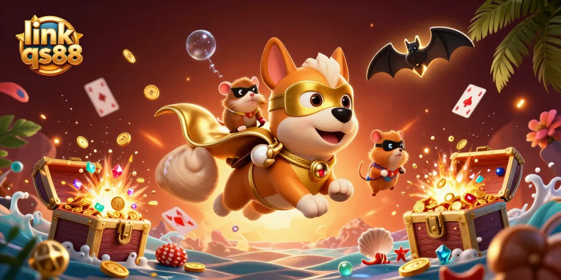 Experience the link qs88 adventure with a superhero dog and hamster amidst casino treasures, dynamic and exciting.