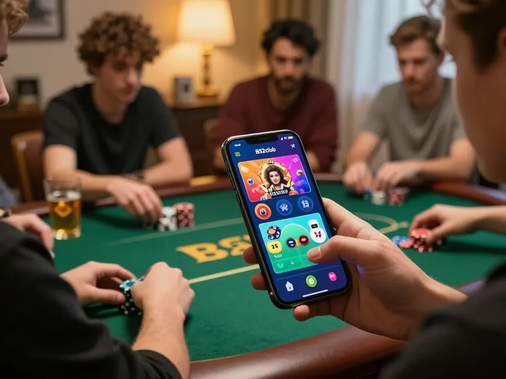 B52club users immersed in a thrilling mobile poker game at home, enjoying a cozy atmosphere.