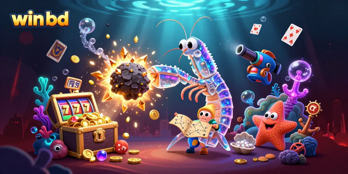 Win bd features a vibrant 3D illustration of a samurai mantis shrimp winning gold coins and gems in a casino-like setting.