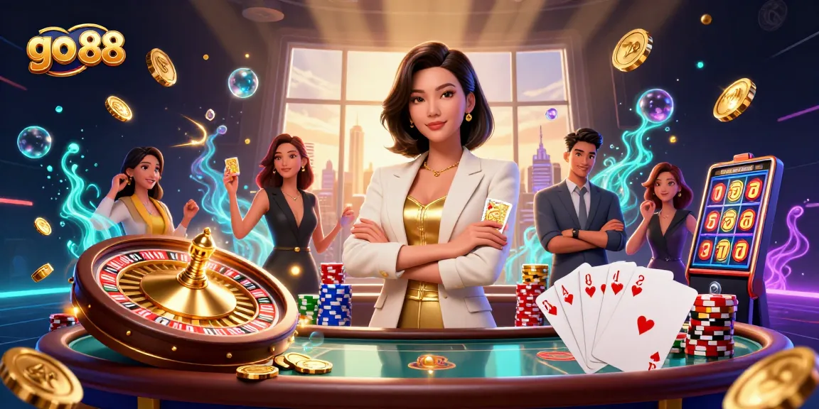 Experience the thrill of go 88 with an elegant dealer amidst a vibrant casino atmosphere.