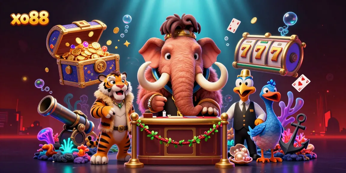 Experience xo88's vibrant casino scene with a mammoth bouncer and a saber-tooth tiger in action.