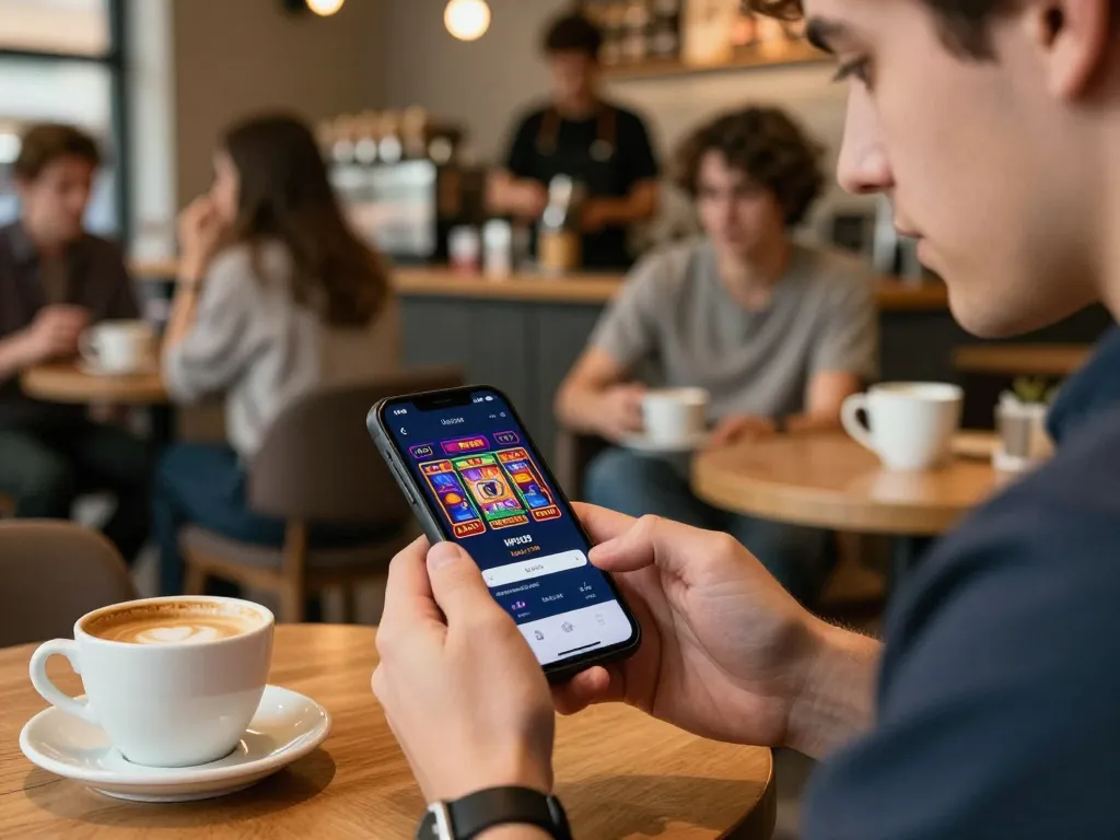 MPO08 Login 778: Engaging with interactive casino games on a smartphone in a casual cafe setting
