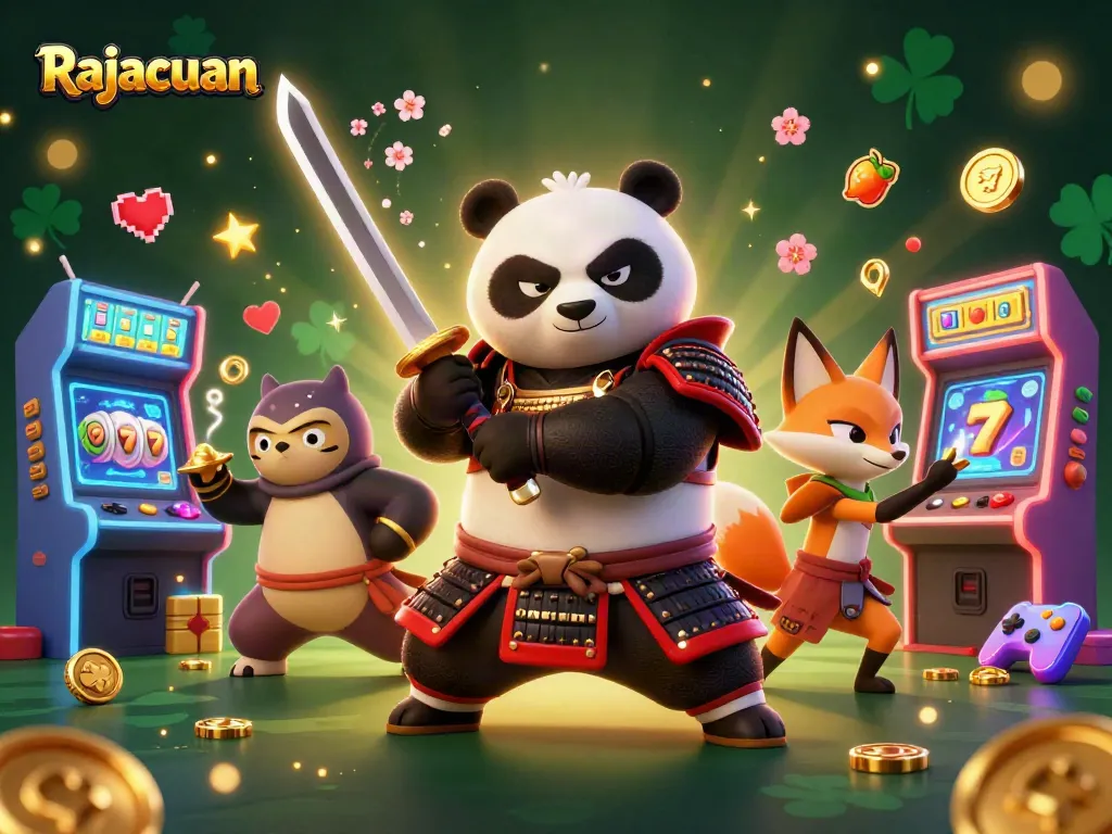 Experience thrilling wins with Rajacuan as a panda samurai and ninja fox delight in a dynamic gaming scene.