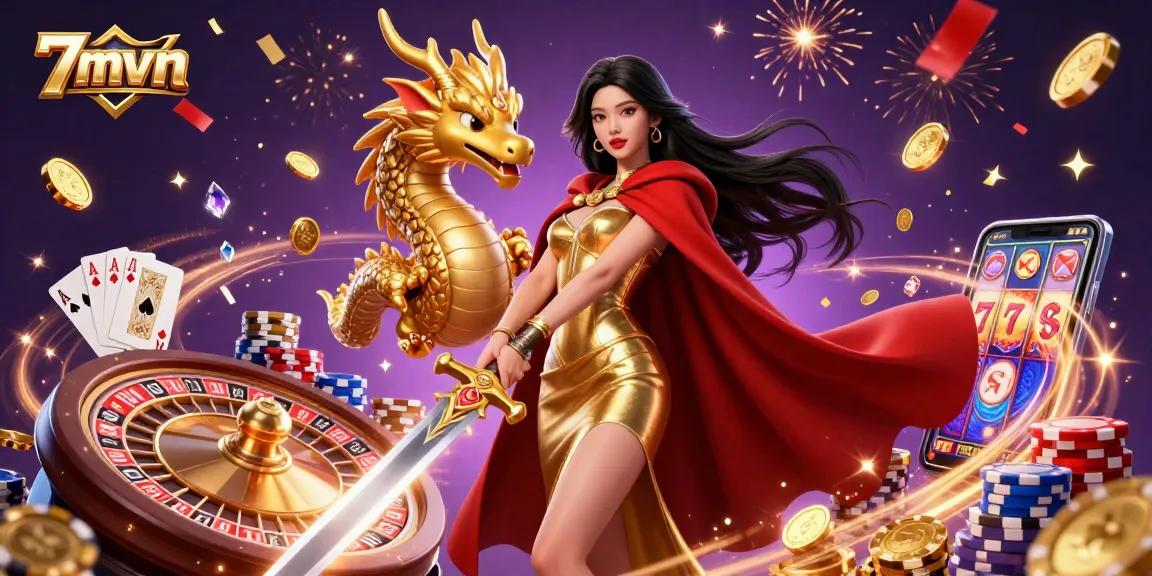 Engage with 7mvn's majestic warrior queen at the casino, surrounded by sparkling gems and a vibrant roulette wheel.